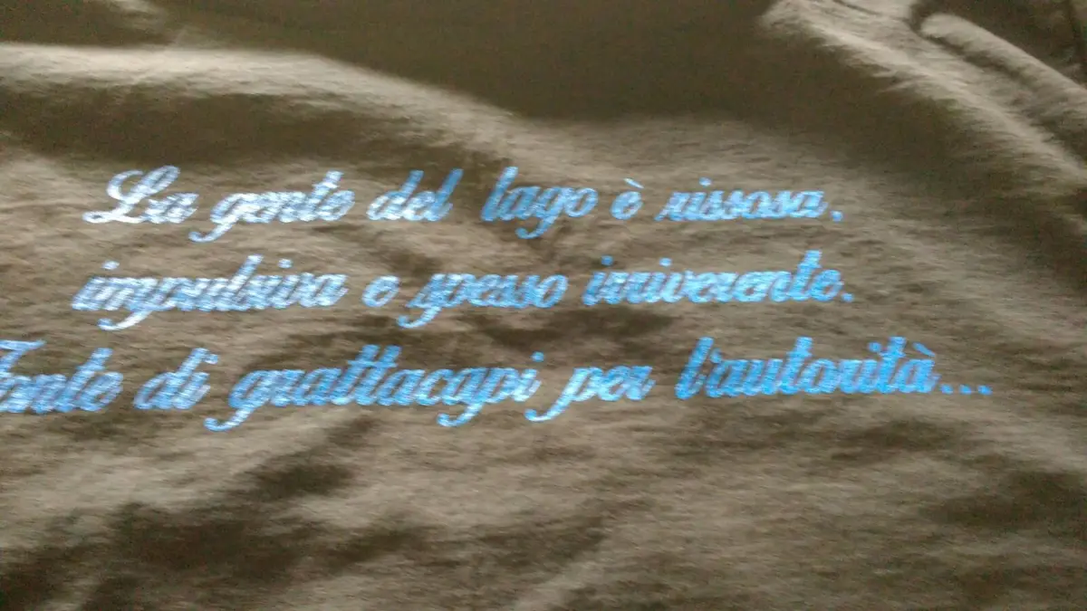 Serigrafia: Frase corsiva azzurra stampata su tessuto